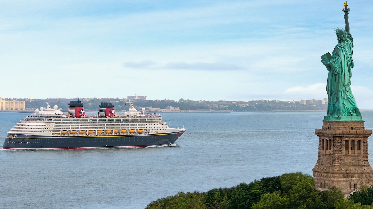 Disney Cruise Line ship in a scenic port
